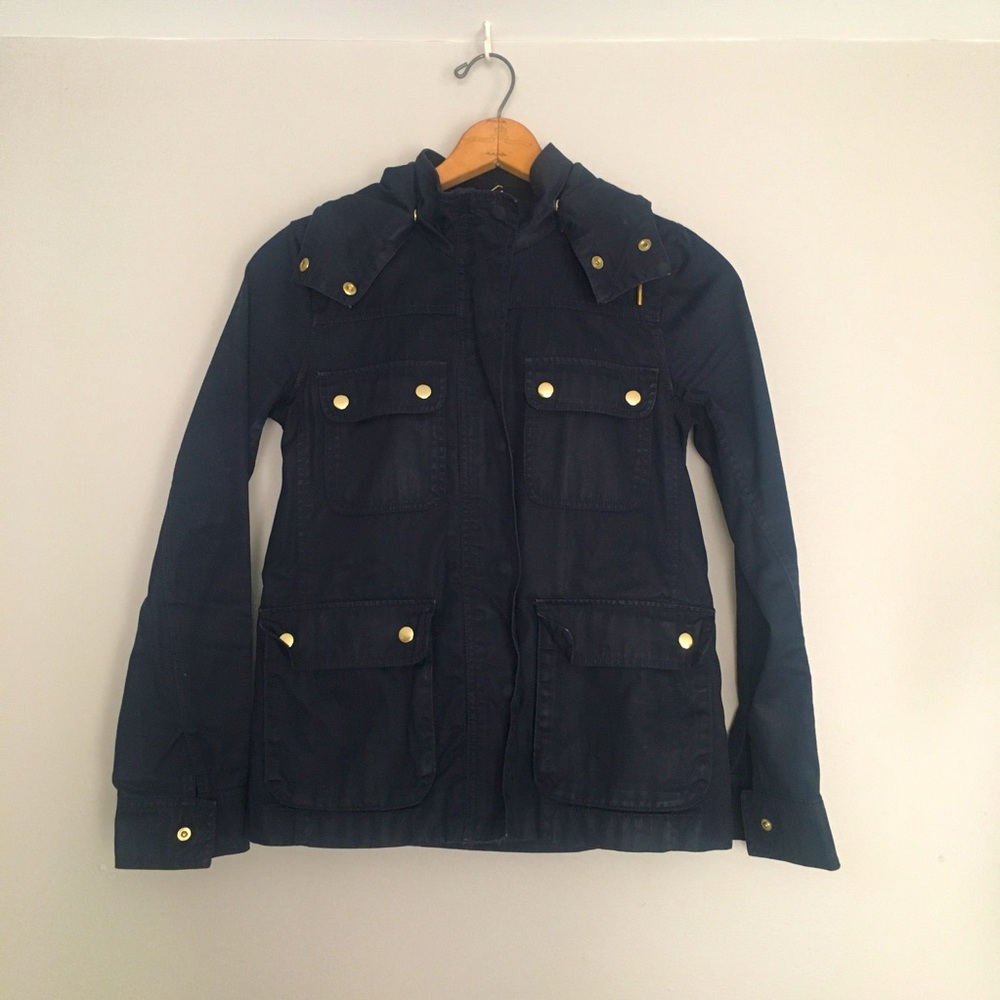 Women’s J.Crew 100% Waxed Cotton Jacket with Removable hood SZ XS in Navy